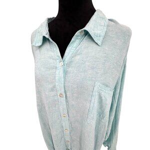 Susan Graver Womens Linen Blend Oversized Button Down Shirt 3X Aqua Blue Long Sl